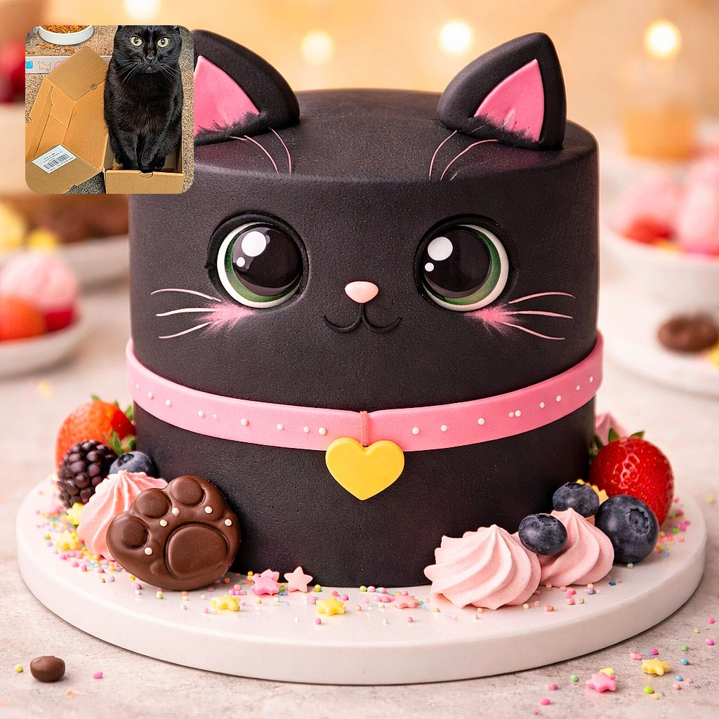 A glossy black cat crammed proudly into a too-small cardboard box, staring up with giant, unimpressed eyes while a bowl of kibble and a shipping-label-stickered box sit nearby on the carpet — looks like the cat has accepted its fate as both occupant and quality-control inspector of all boxes.