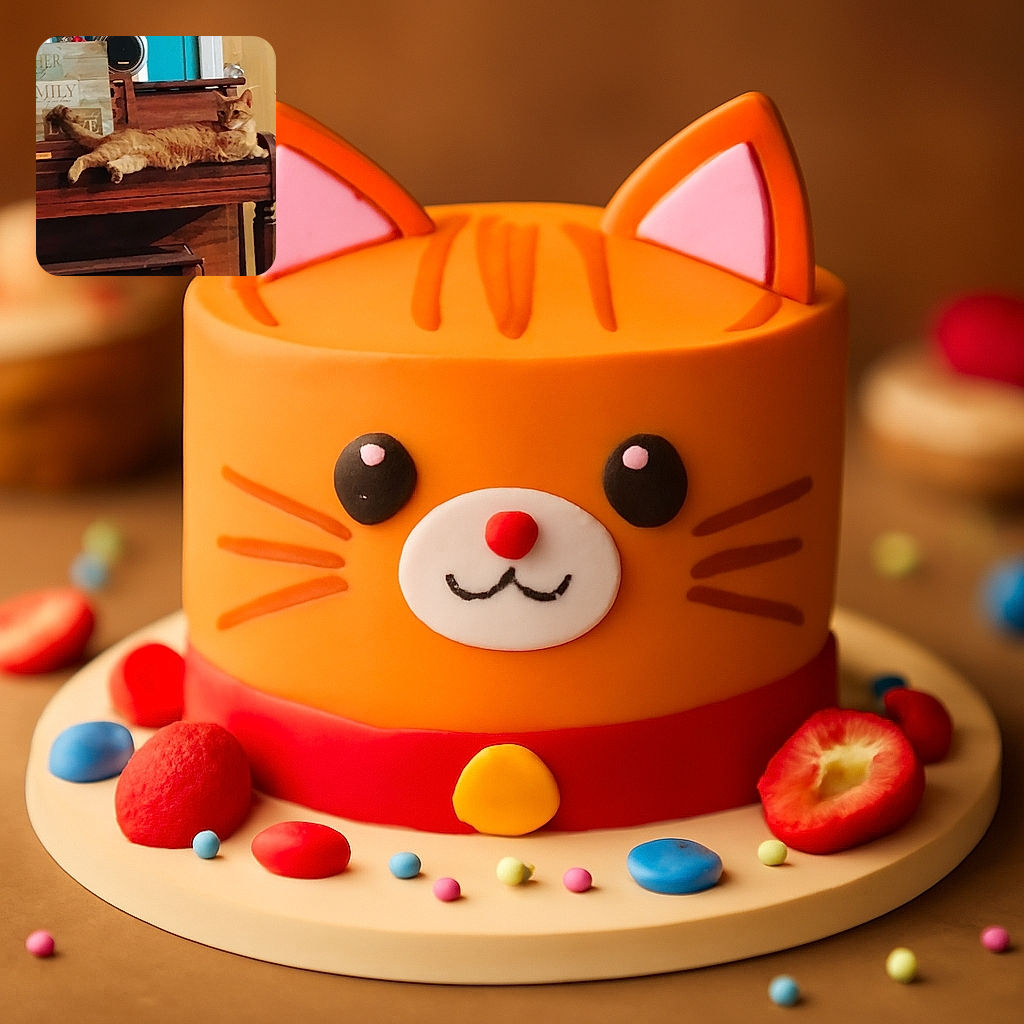 A relaxed orange tabby cat sprawled out on top of a wooden piano, surrounded by colorful cat toys scattered on the carpet below. The background features a blue wall with framed pictures and a speaker, creating a cozy and playful indoor scene.