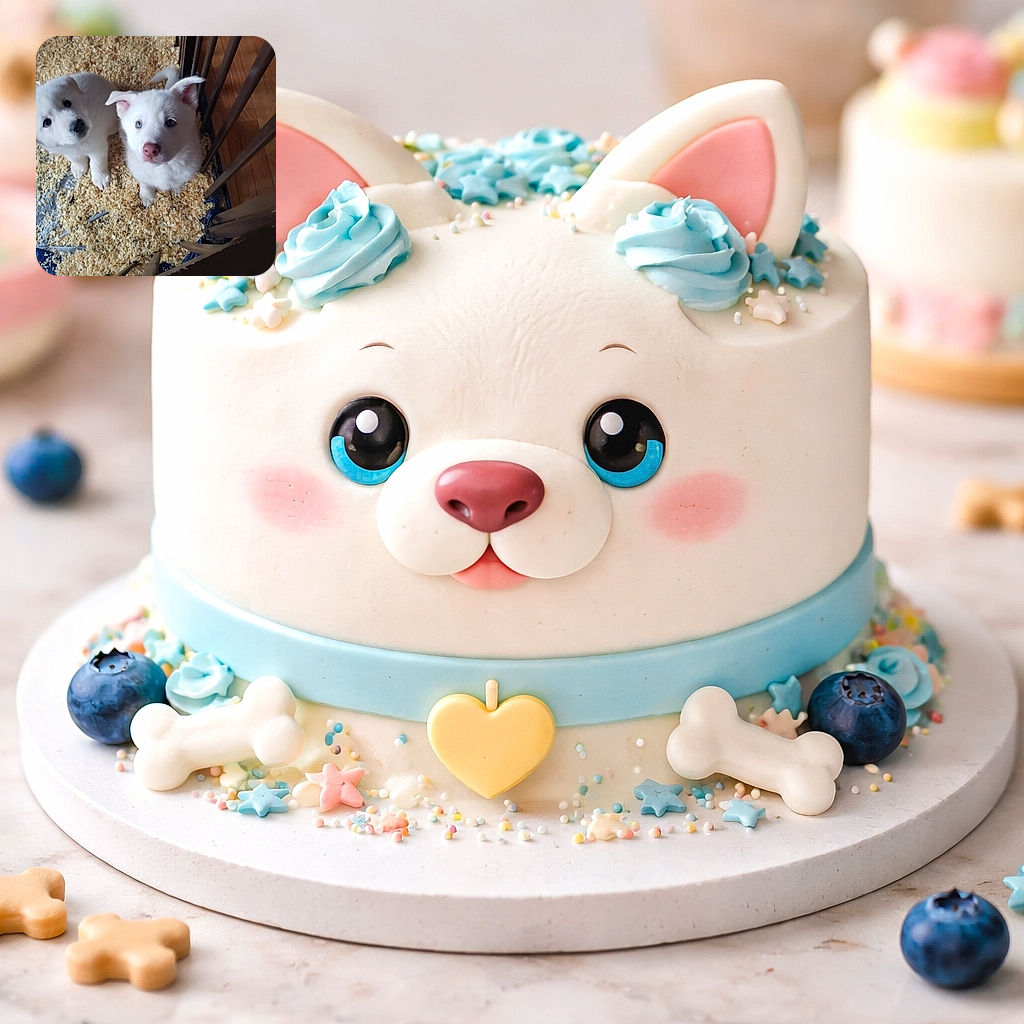 Two fluffy white puppies stare up with wide, pleading eyes from a bed of wood shavings inside a little pen — one blue-eyed pup looks like it just discovered fame, the other is plotting how to beg for treats.