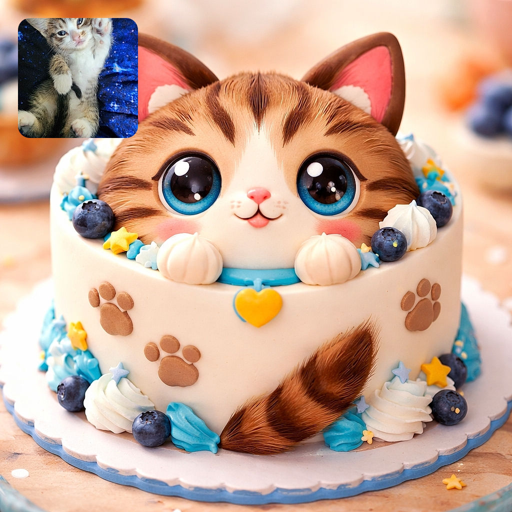 A tiny kitten lies on its back on a deep blue galaxy-patterned blanket, raising one paw as if waving hello or casting a magical spell, with curious eyes and soft fur making it irresistibly adorable.