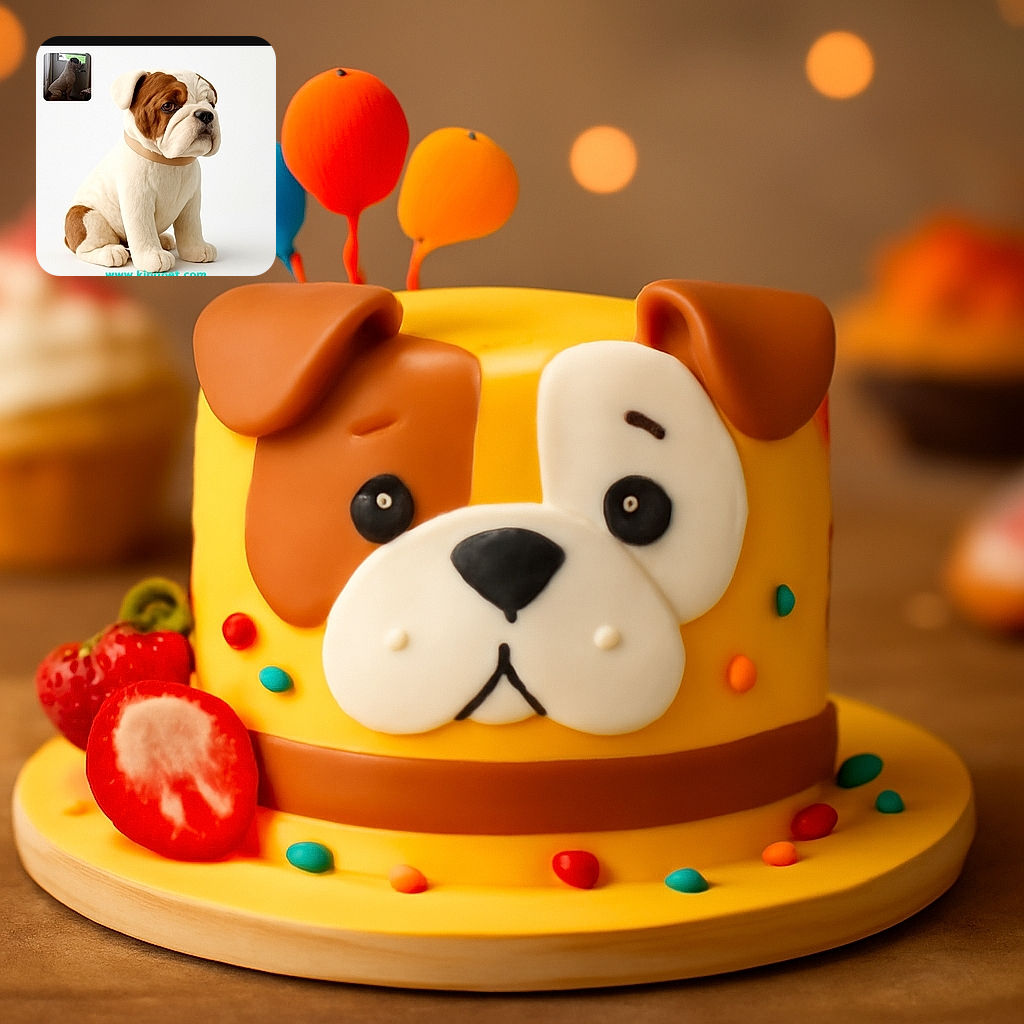 A cute plush bulldog sitting on a white background with a small inset photo of a real bulldog looking outside a door. The plush toy looks soft and realistic, while the inset photo adds a charming contrast between the real and the toy dog. The text www.kingpet.com is visible in turquoise at the bottom.