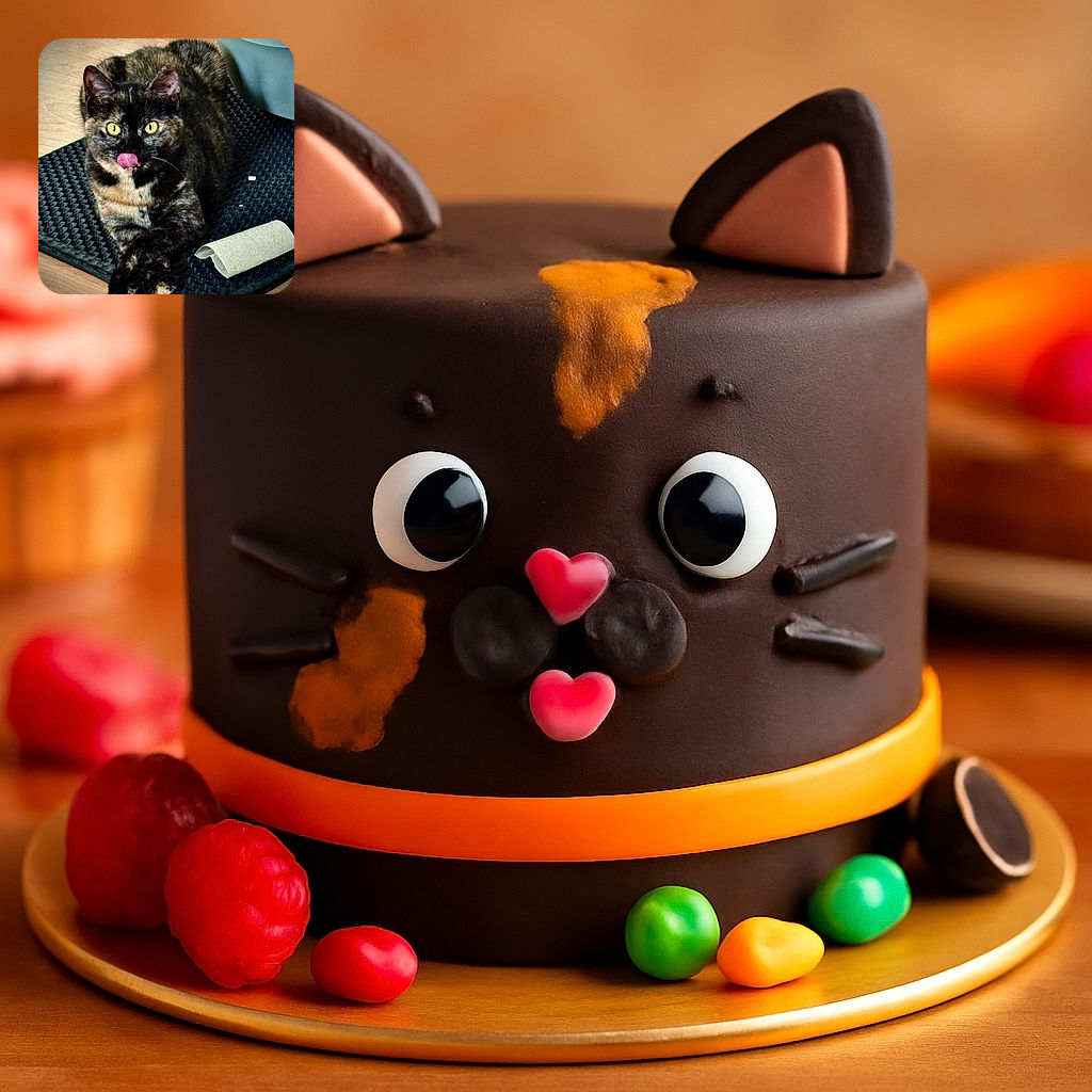 A tortoiseshell cat lounges elegantly on a textured black mat, crossing its paws with a dignified air while playfully licking its nose. The background includes a wooden floor and a light blue object, adding a cozy indoor vibe.