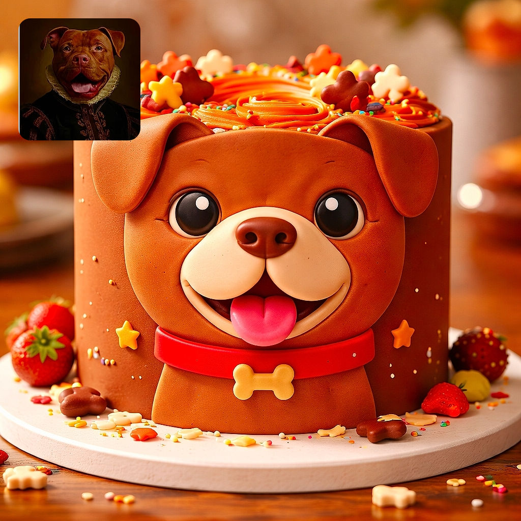 A regal dog dressed in elaborate Renaissance-style clothing, looking dignified with a joyful expression and tongue out, as if ready for a royal portrait but with a fun twist.