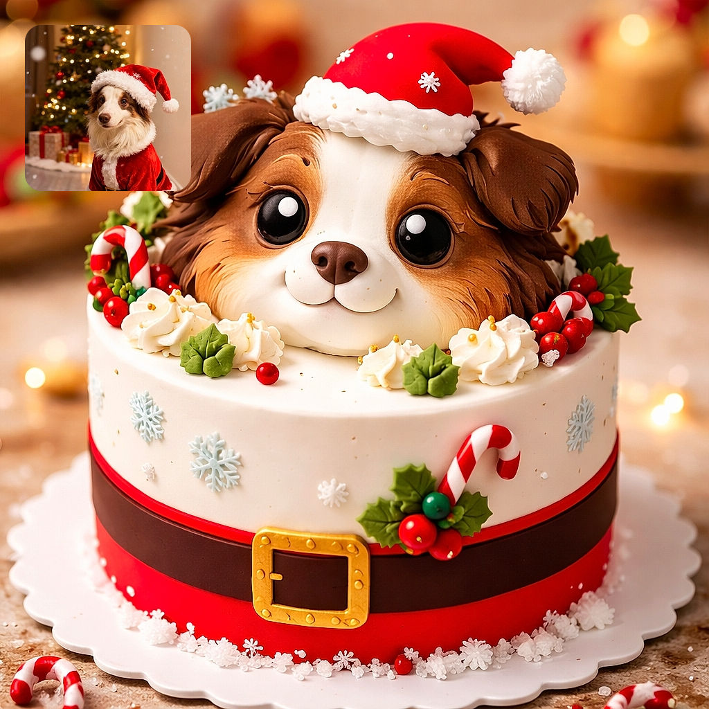 A very patient dog in a full Santa outfit stares into the camera like 'Santa Paws' is ready for duty — fluffy collar, floppy hat, and a twinkling Christmas tree with presents blurred behind, complete with falling snowflakes for extra holiday drama.