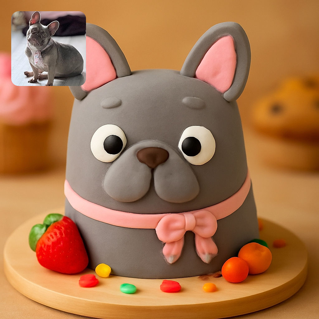 A charming French Bulldog sitting on a light wooden floor, sporting a delicate floral scarf around its neck, with a curious head tilt and a blurred cat lounging in the background, creating a cozy and adorable indoor scene.