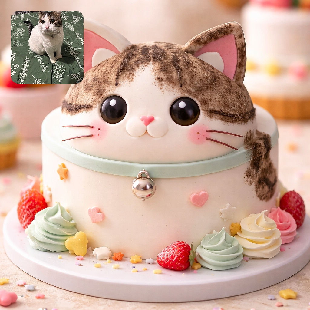 A wide-eyed tuxedo-tabby cat sits primly on a green floral comforter, bell jangling on its collar and whiskers on full alert — looks like it just heard the treat bag. Background shows a bedroom corner with a laundry basket and subtle clutter, while the cat steals the spotlight with a perfect head tilt and adorable stare.