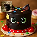 A sleek black cat sits curled up on a patterned rug, with its bright, reflective eyes staring intently at the camera, giving off an aura of mystery and curiosity.