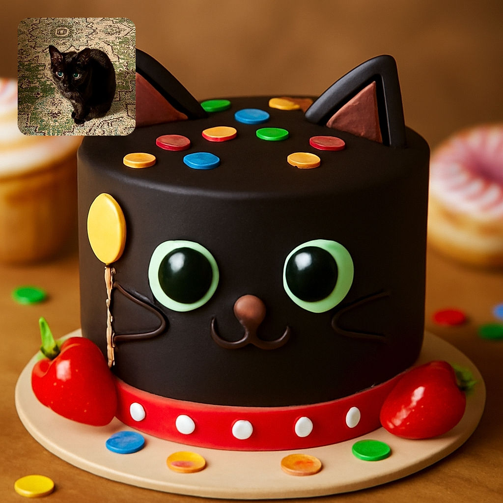 A sleek black cat sits curled up on a patterned rug, with its bright, reflective eyes staring intently at the camera, giving off an aura of mystery and curiosity.