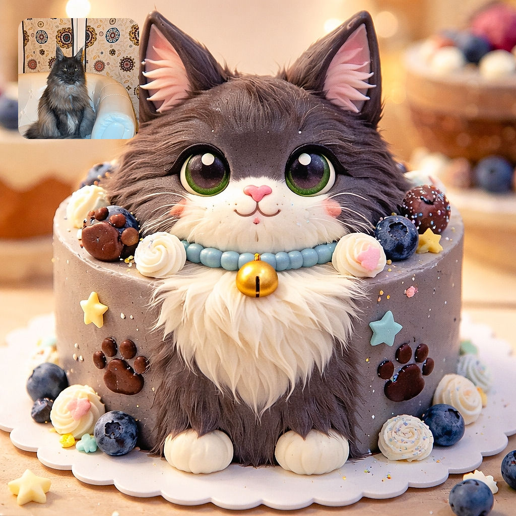 A majestic fluffy cat sits regally on a white leather armchair, looking like the king of the living room with a patterned curtain backdrop that adds a vintage vibe.