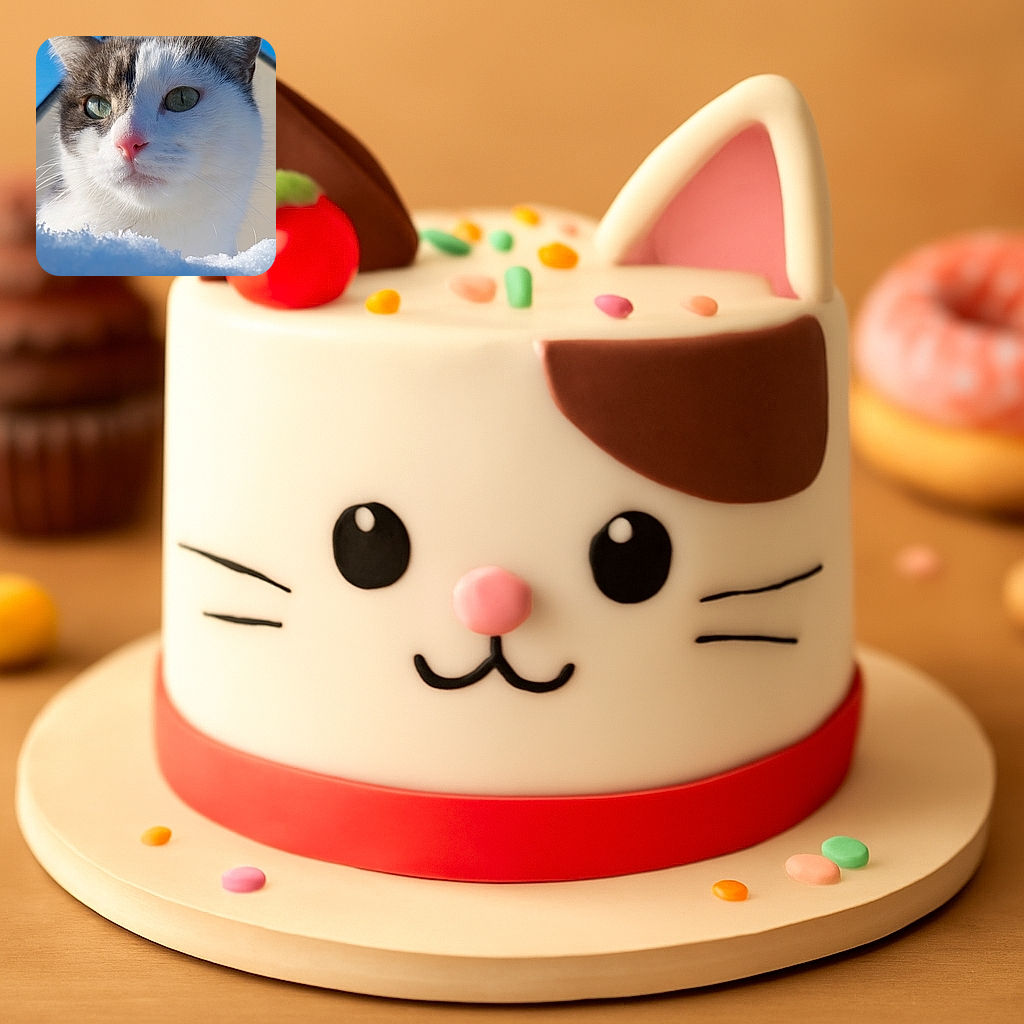 A close-up shot of a curious cat peeking over a snowy surface with a clear blue sky and a house roof in the background, capturing the cat's soft fur and bright eyes in natural light.