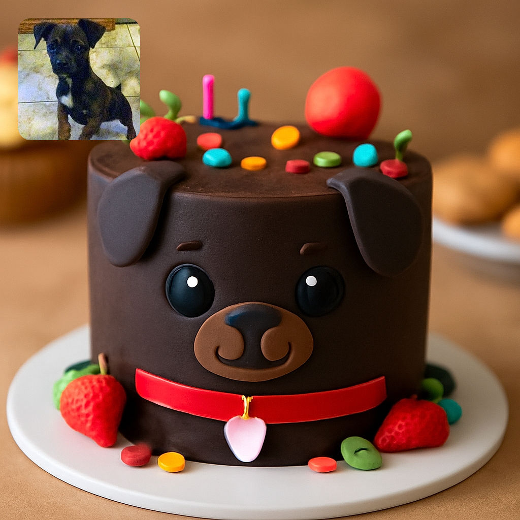 A small dark-colored puppy with a white patch on its chest stands on a tiled floor, looking up with curious eyes. The photo is grainy and slightly blurry, giving it a vintage or low-light feel.