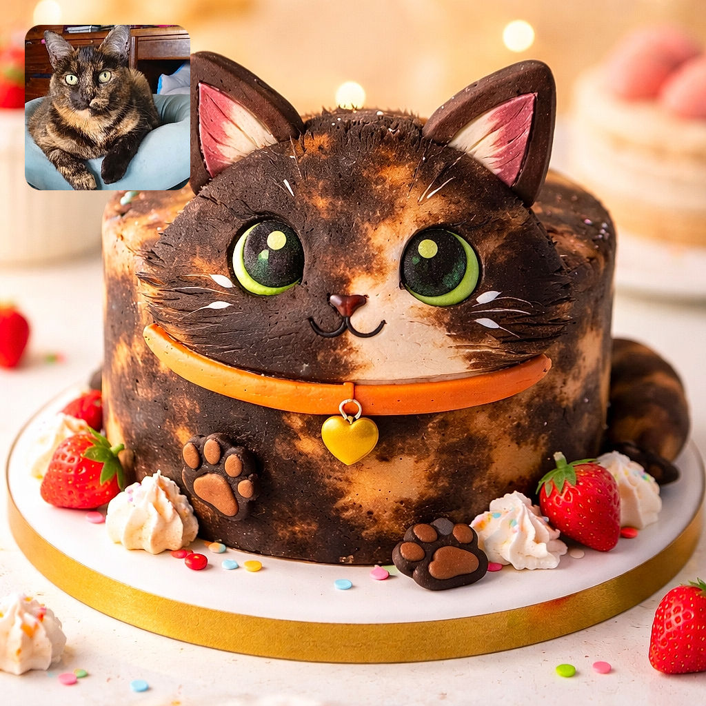 A sassy tortoiseshell cat stares straight into the camera with giant green eyes, looking like it’s silently judging your life choices while kneading an impossibly cozy pillow.