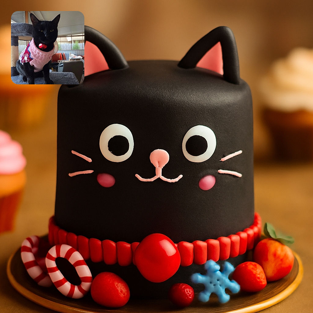 A sleek black cat wearing a cozy pink sweater with a festive pattern and a shiny red bell collar sits majestically on a gray carpeted cat tree, giving side-eye vibes as if judging your life choices while the softly lit room with large windows and outdoor view blurs behind.