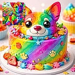 A vibrantly colored cartoon-style dog sits proudly in a field of tulips, surrounded by whimsical, smiling fish and a cheerful flower character. The dog sports a collar decorated with fish motifs, and a banner reading 'Poisson d'avril!' floats above, adding a playful April Fools' Day vibe.