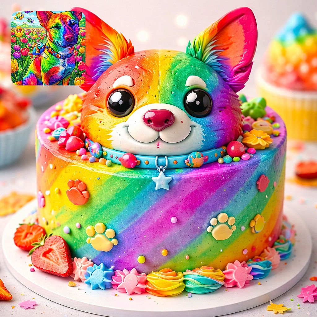 A vibrantly colored cartoon-style dog sits proudly in a field of tulips, surrounded by whimsical, smiling fish and a cheerful flower character. The dog sports a collar decorated with fish motifs, and a banner reading 'Poisson d'avril!' floats above, adding a playful April Fools' Day vibe.