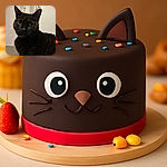 A close-up shot of a black cat with curious wide eyes, slightly blurry but full of character, standing against a plain indoor background with a hint of a door and some hanging objects.