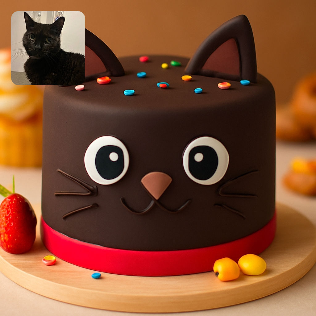 A close-up shot of a black cat with curious wide eyes, slightly blurry but full of character, standing against a plain indoor background with a hint of a door and some hanging objects.