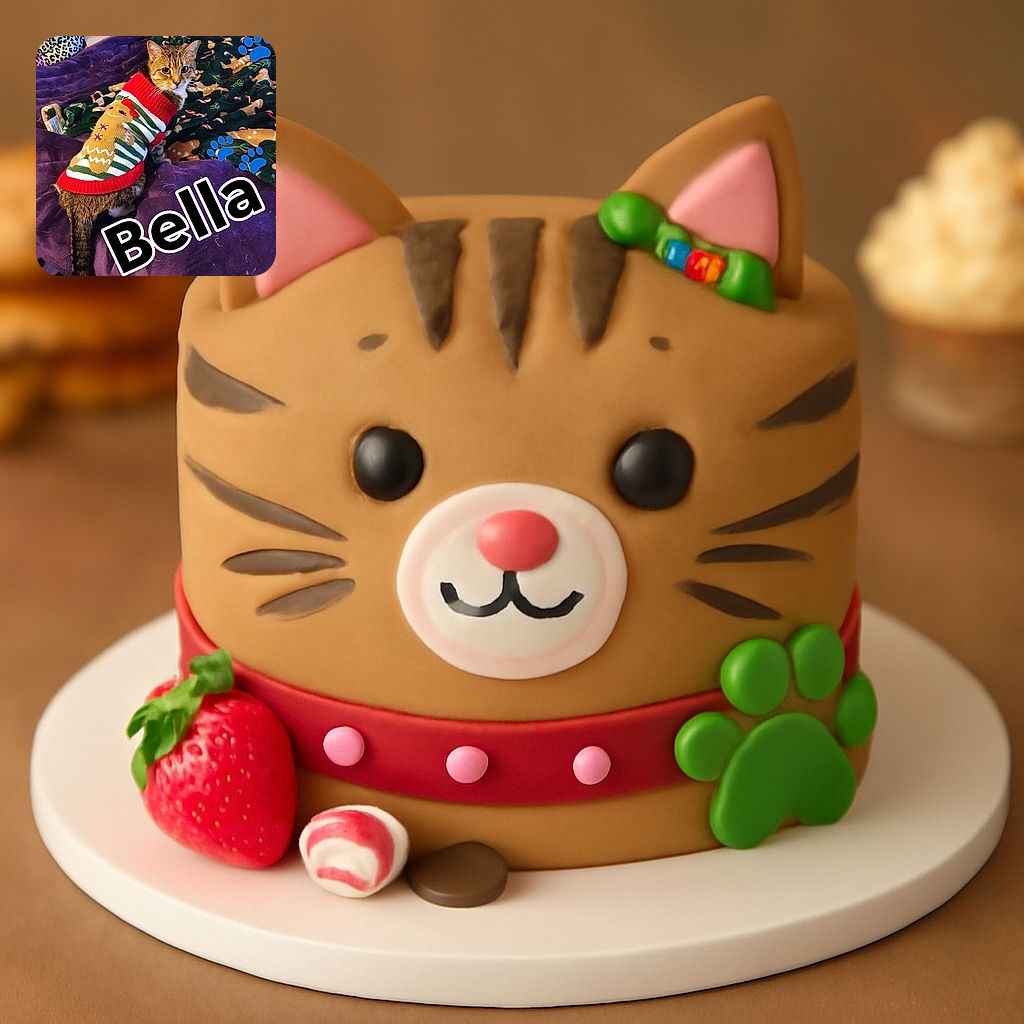 A festive cat named Bella is rocking a holiday sweater with a gingerbread man design, perched on a cozy purple blanket with a Christmas-themed throw in the background. Blue paw prints and Bella's name add a playful and personalized touch to the image.