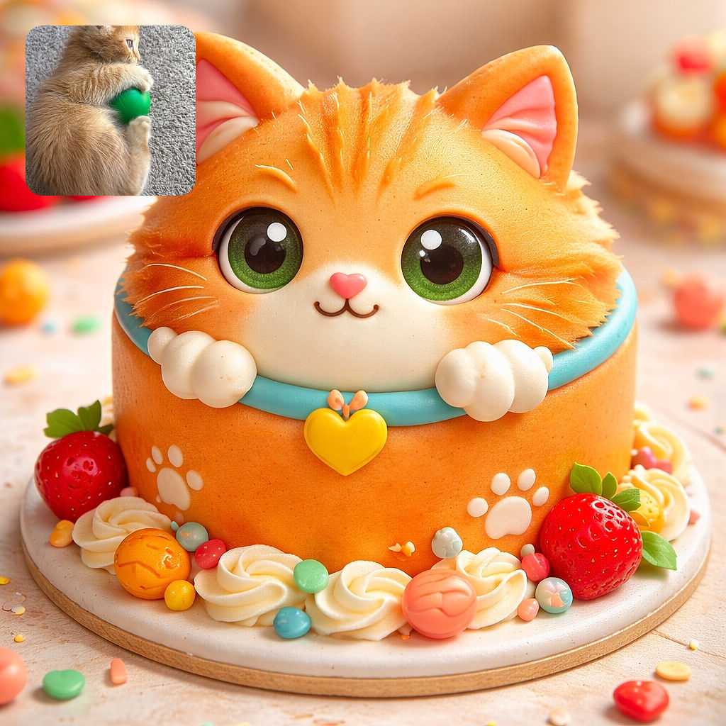 A fluffy orange kitten clutches a bright green ball, lying on a textured carpet, looking off to the side with curious eyes, radiating pure cuteness and playful vibes.
