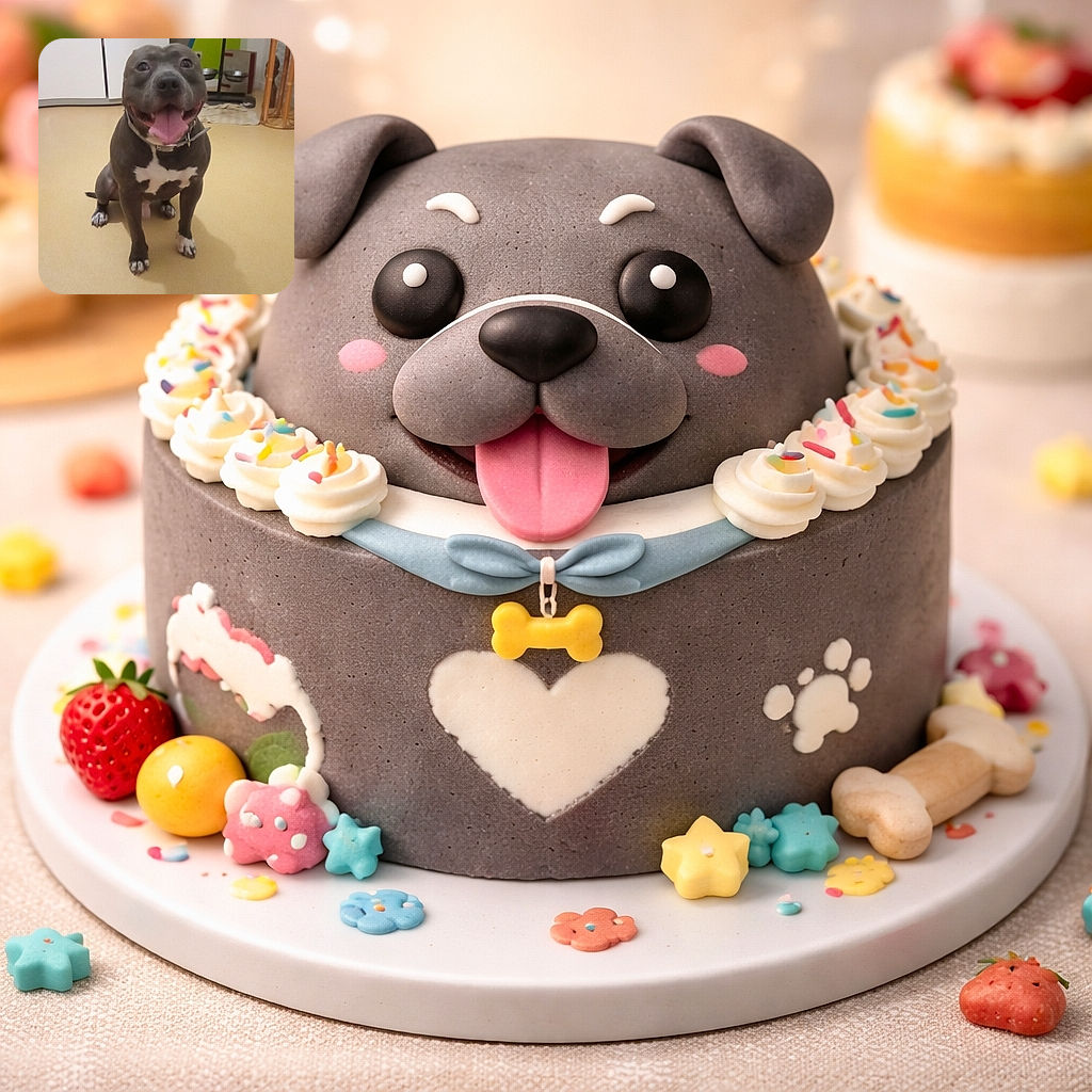 A thrilled pit-bull-style dog sits proudly on a kitchen floor, tongue lolling and smile wide as if it just told a great joke; background shows bowls, a rug and cabinets, lighting is warm and the pose is pure personality.