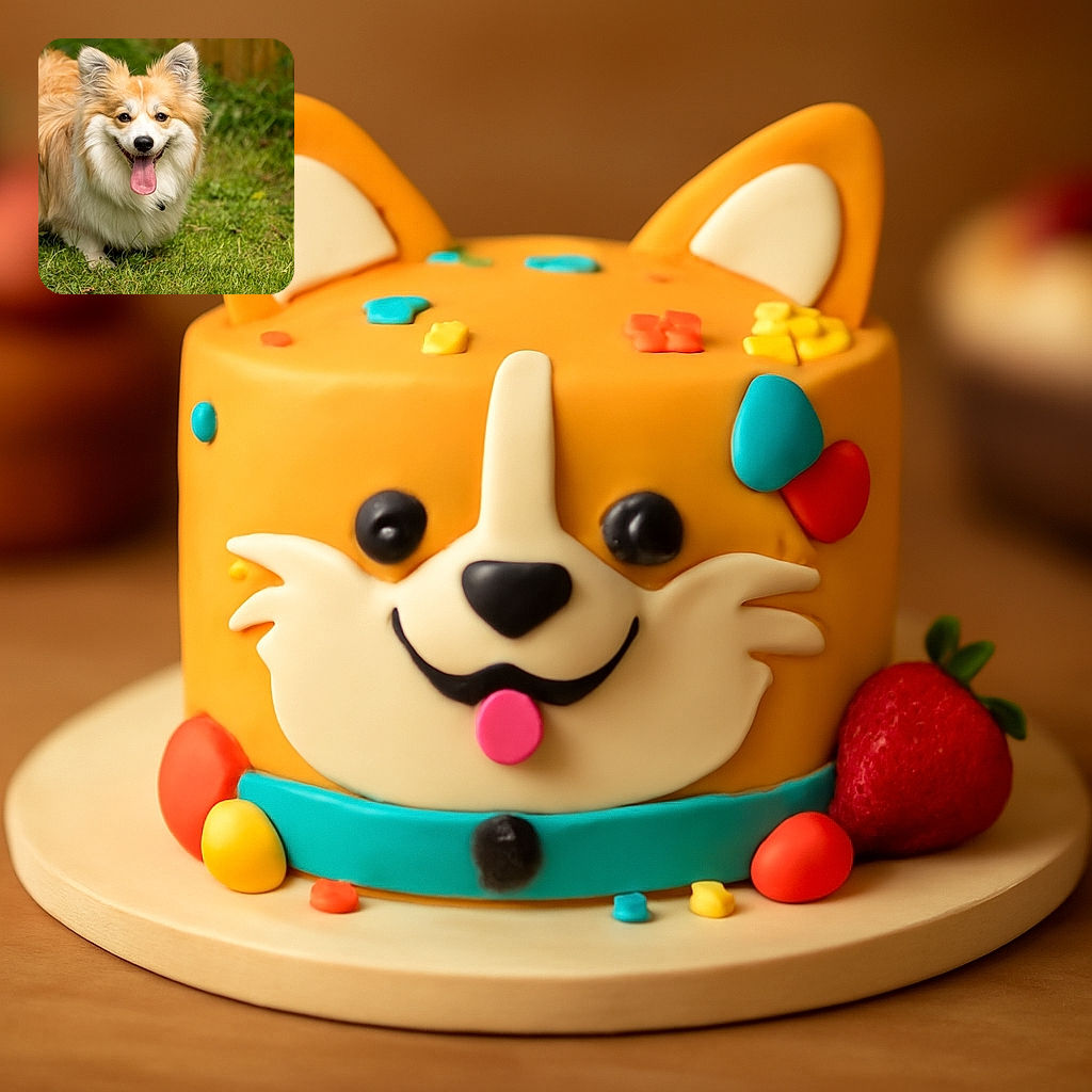 A fluffy, happy dog with a golden and white coat is standing on green grass, tongue out and ears perked up, looking like it's ready for a fun day outside in the backyard.