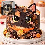 A close-up portrait of a tortoiseshell cat with striking green eyes staring intently, set against a simple indoor background with a decorative mirror on the wall.