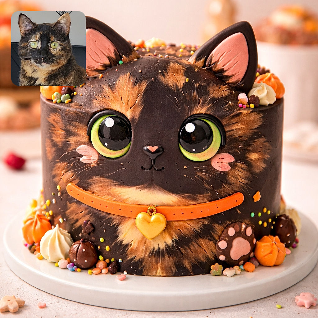 A close-up portrait of a tortoiseshell cat with striking green eyes staring intently, set against a simple indoor background with a decorative mirror on the wall.