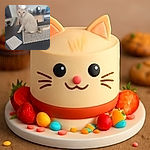 A curious cream-colored cat with striking blue eyes sits elegantly on a lace doily atop a dark table, surrounded by a small candle, a notebook, and a pen, all set in a softly blurred kitchen background.