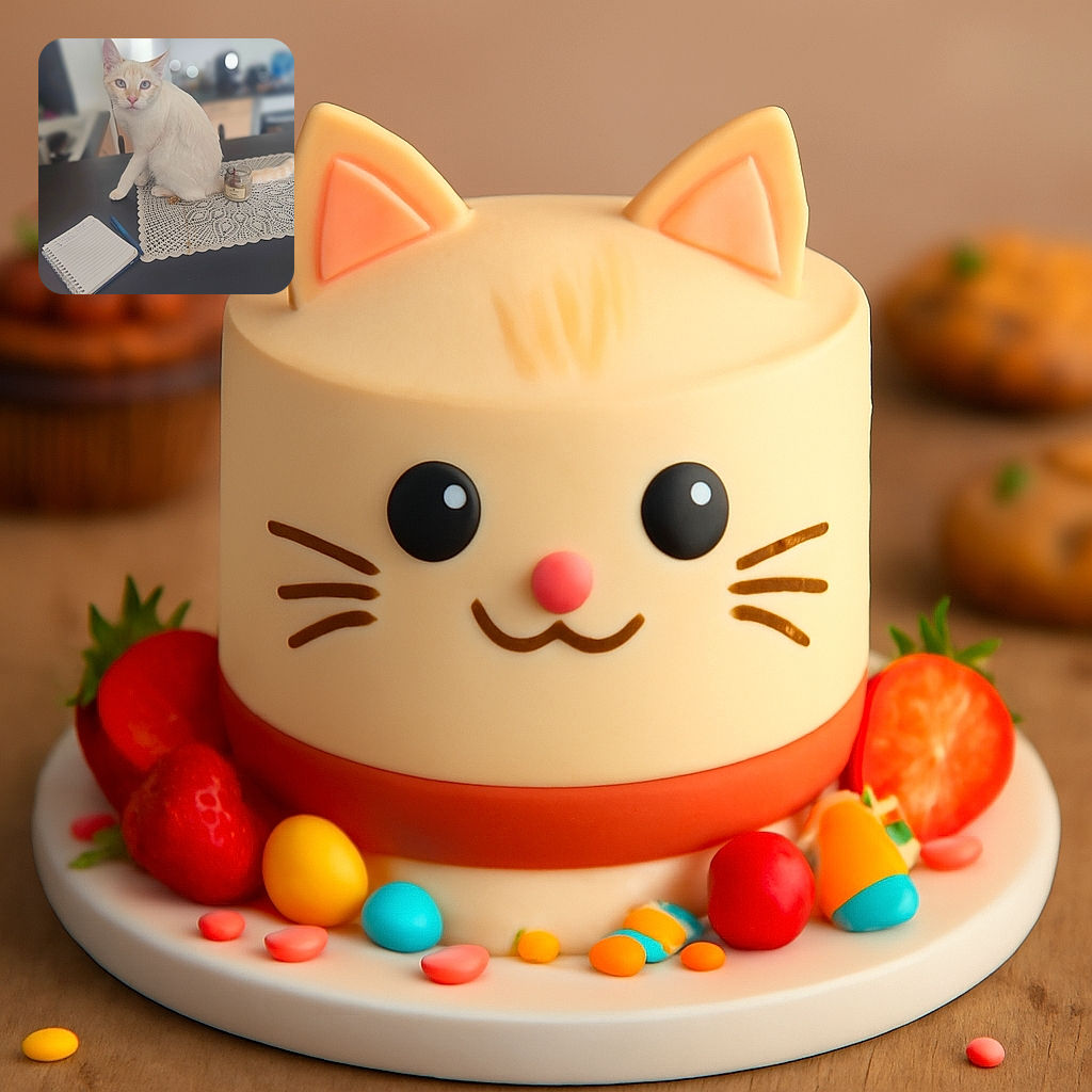 A curious cream-colored cat with striking blue eyes sits elegantly on a lace doily atop a dark table, surrounded by a small candle, a notebook, and a pen, all set in a softly blurred kitchen background.
