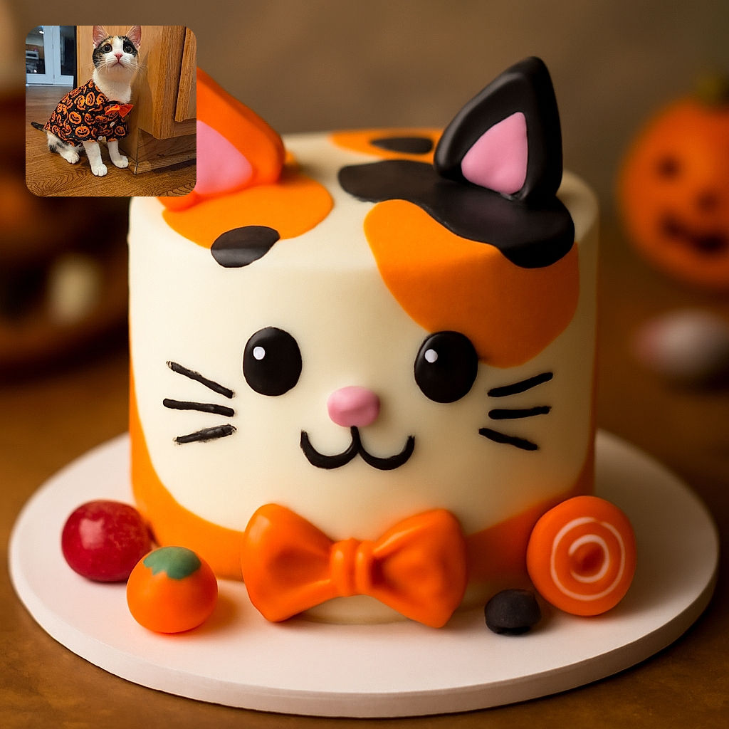 A curious calico cat dressed in a festive Halloween shirt covered in orange jack-o'-lanterns and a matching bow tie sits attentively on a wooden floor next to a wooden cabinet, looking up with wide, mesmerized eyes.