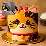 A fluffy, multi-colored cat lounges elegantly on a soft gray chair, looking alert and curious. The cozy setting highlights the cat's beautiful fur pattern and bushy tail, making it the star of this casual snapshot.