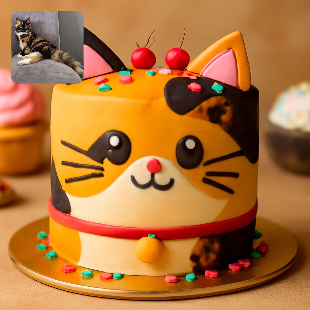 A fluffy, multi-colored cat lounges elegantly on a soft gray chair, looking alert and curious. The cozy setting highlights the cat's beautiful fur pattern and bushy tail, making it the star of this casual snapshot.