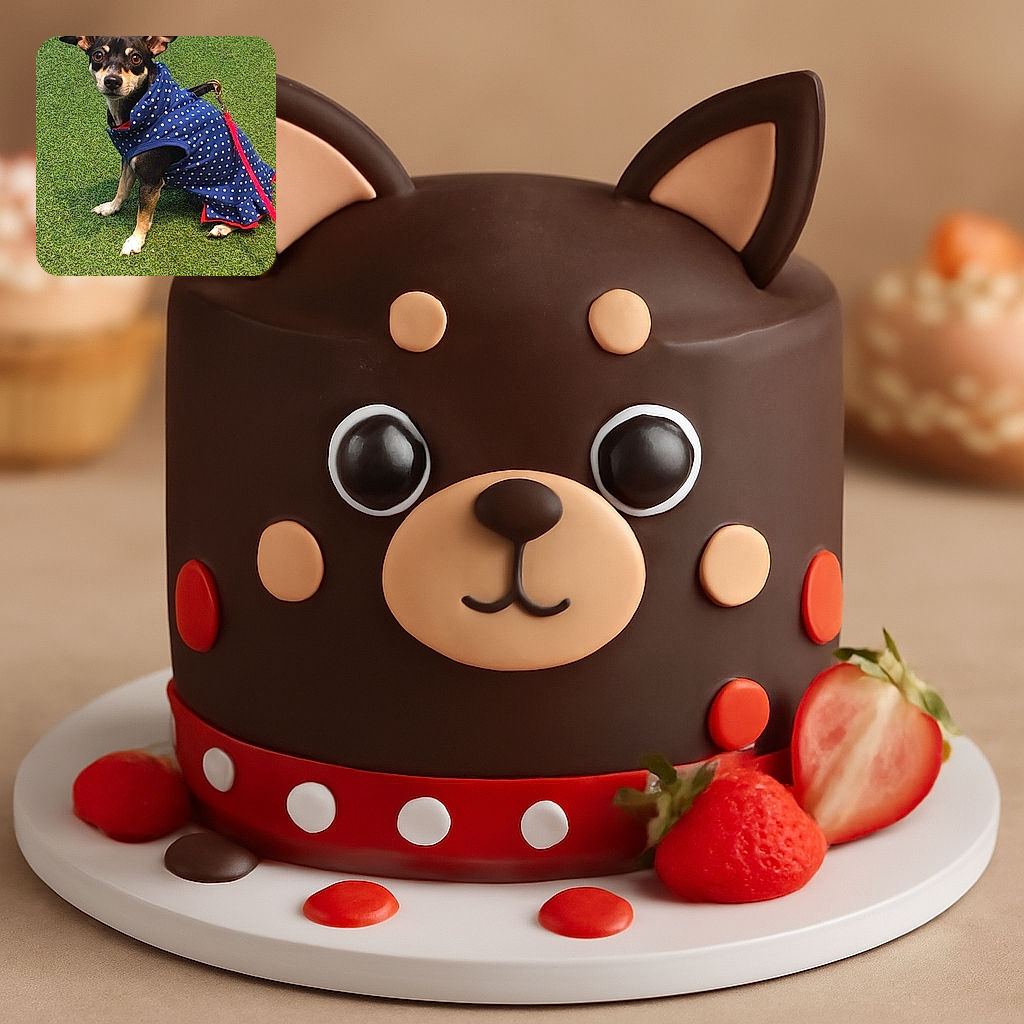 A small dog wearing a blue polka-dot jacket sits on bright green grass, looking curiously at the camera with big, expressive eyes and perky ears.