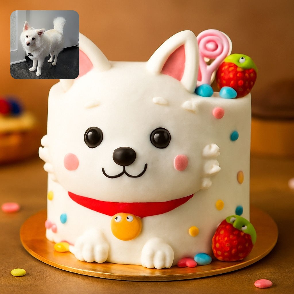 A fluffy white dog stands on a dark floor, tilting its head curiously with a cute expression, wearing a bone-shaped tag. The background is a simple light-colored wall, making the dog the star of this cozy indoor portrait.