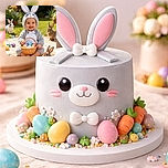 A joyful baby dressed in an adorable bunny costume sits on a blanket outdoors, clutching a basket filled with colorful Easter eggs, surrounded by three curious real rabbits in a sunny garden setting.