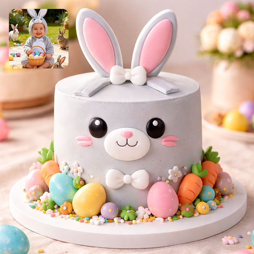 A joyful baby dressed in an adorable bunny costume sits on a blanket outdoors, clutching a basket filled with colorful Easter eggs, surrounded by three curious real rabbits in a sunny garden setting.