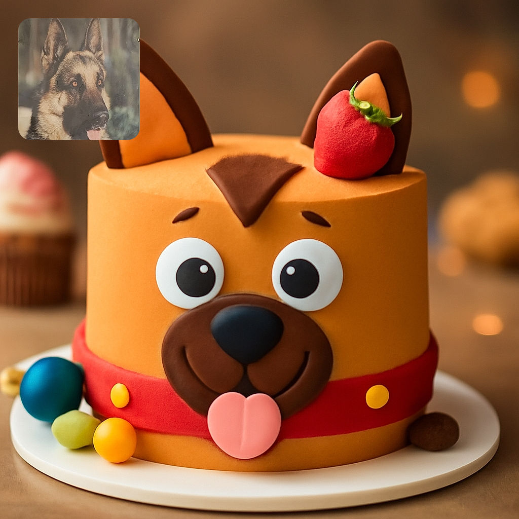 A close-up photo of a German Shepherd dog with its tongue slightly out, looking alert and attentive with a soft blurred background. The image has some glare and reflections, suggesting it might be a photo of a framed picture.