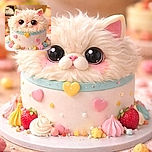 A ridiculously adorable fluffy cat-cake stares back with enormous glossy eyes while a tiny inset photo of a real floof watches from the corner — pastel sprinkles, heart candies and meringue kisses complete the sweet, slightly surreal tableau.