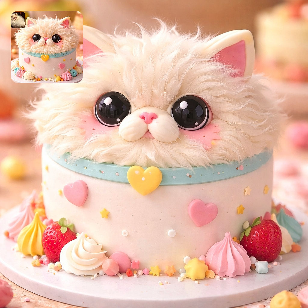 A ridiculously adorable fluffy cat-cake stares back with enormous glossy eyes while a tiny inset photo of a real floof watches from the corner — pastel sprinkles, heart candies and meringue kisses complete the sweet, slightly surreal tableau.