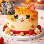 A charming orange tabby cat sits on a patterned bedspread, looking slightly amused or contemplative with its mouth slightly open. In the background, a plush toy resembling a chicken adds a playful touch to the cozy indoor setting.