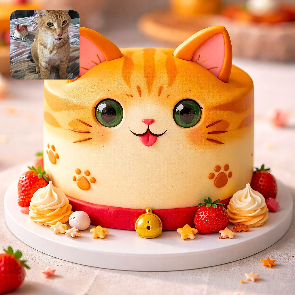 A charming orange tabby cat sits on a patterned bedspread, looking slightly amused or contemplative with its mouth slightly open. In the background, a plush toy resembling a chicken adds a playful touch to the cozy indoor setting.