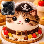 A close-up shot of a cat wearing a pirate hat with a skull and crossed swords emblem, looking curiously at the camera with a slightly blurred background, exuding a quirky swashbuckling vibe.