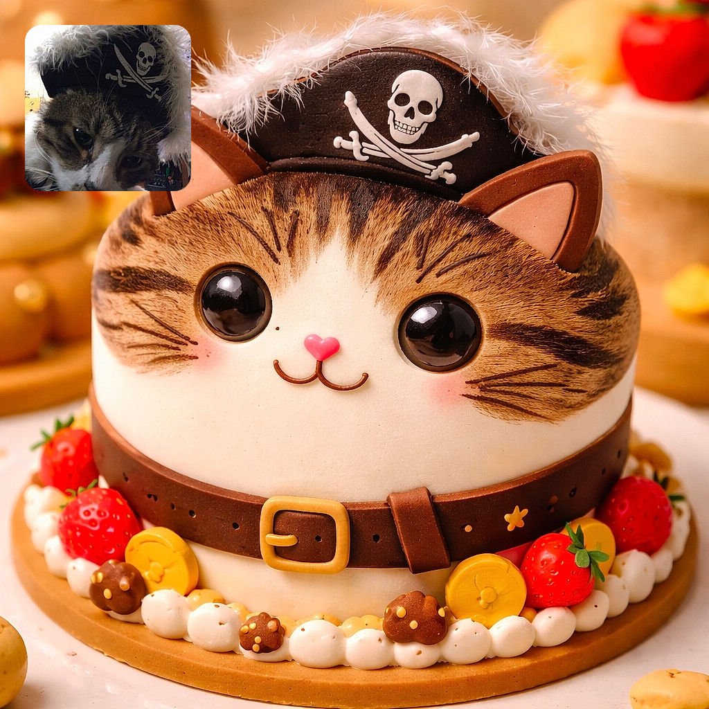A close-up shot of a cat wearing a pirate hat with a skull and crossed swords emblem, looking curiously at the camera with a slightly blurred background, exuding a quirky swashbuckling vibe.