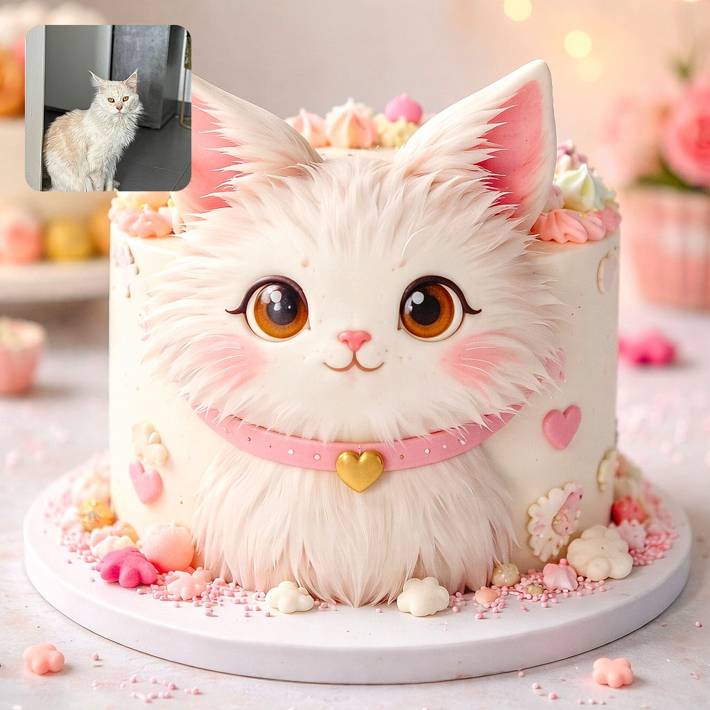 A fluffy cream and white cat with striking amber eyes sits patiently on a tiled floor, framed by a doorway and a metallic object in the background, looking like the regal guardian of the hallway.