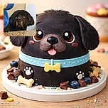 A big, soulful black dog looks up with hopeful eyes over a granite countertop, while a person in a blue shirt is partially visible next to it, creating a cozy indoor moment.