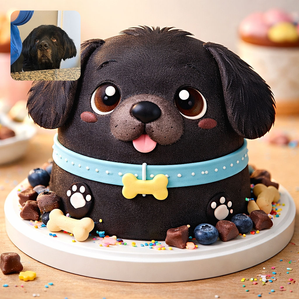 A big, soulful black dog looks up with hopeful eyes over a granite countertop, while a person in a blue shirt is partially visible next to it, creating a cozy indoor moment.