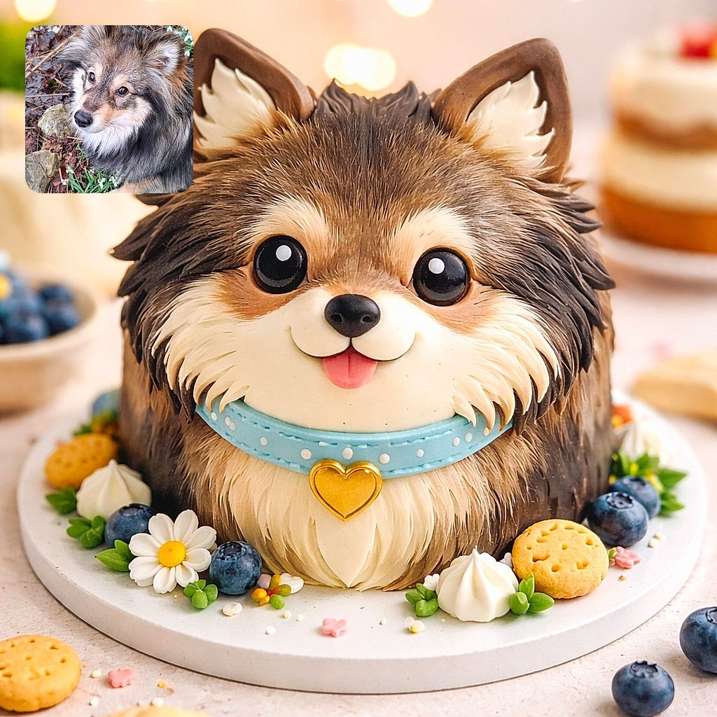 A fluffy, wide-eyed dog gives an imploring puppy stare while perched among a carpet of tiny white snowdrops and garden leaves — ears perked, nose shiny, fur full of autumn-brown and charcoal streaks, like a tiny woodland teddy requesting treats or a belly rub.