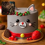 A fluffy gray cat lounges amidst holiday decorations, looking curiously at the camera with wide eyes, surrounded by green leaves and red berries, in a cozy indoor setting.