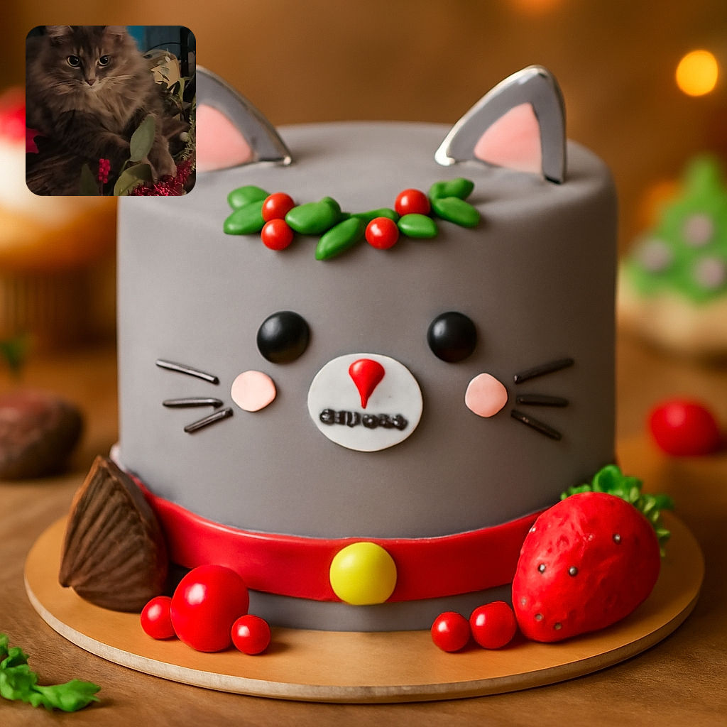 A fluffy gray cat lounges amidst holiday decorations, looking curiously at the camera with wide eyes, surrounded by green leaves and red berries, in a cozy indoor setting.