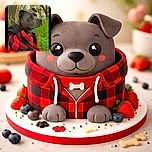 A dignified gray dog wearing a red and black checkered jacket sits outdoors in lush green grass, looking thoughtfully off to the side with a serene natural background of trees and water.